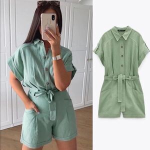 ZARA Linen Blend Green Jumpsuit New Small